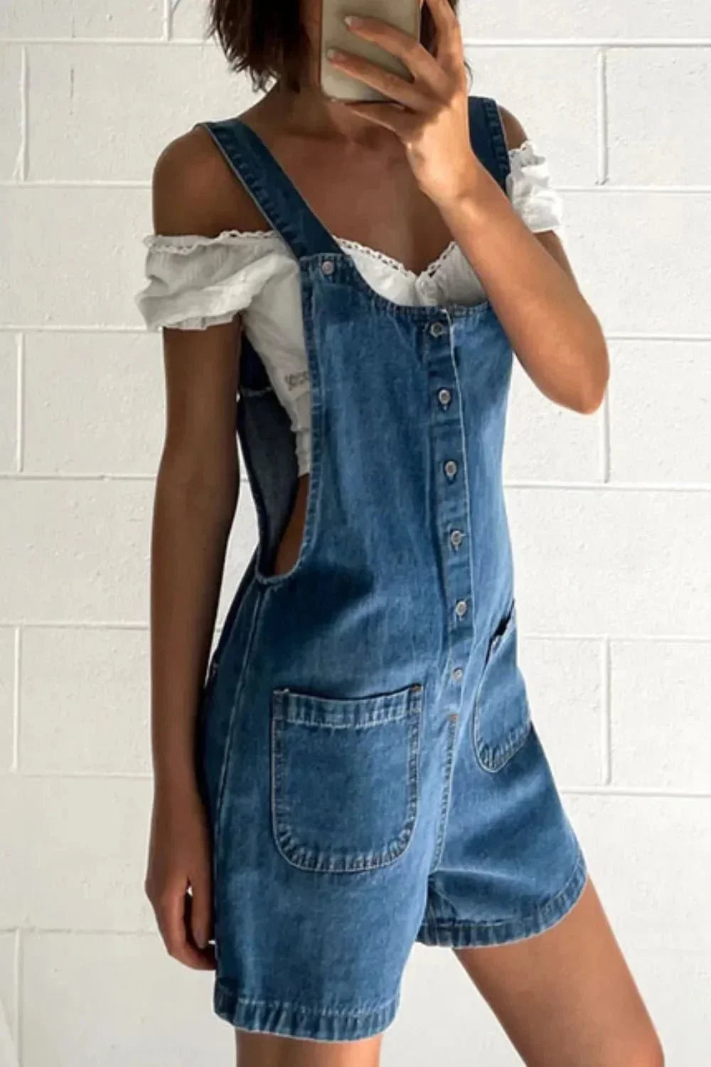 Button Front Denim Overall Shorts with Front Pockets - VILLA FASHION